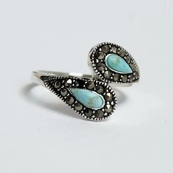 1990's Signed 925 Silver Classic Turquoise & Marcasite Ring Size 7 - Picture 12 of 12